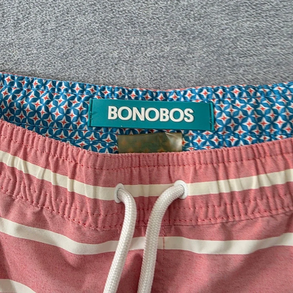 Bonobos Mens Striped Swim Trunks Pink White Drawstring Mesh Lining Small 16426